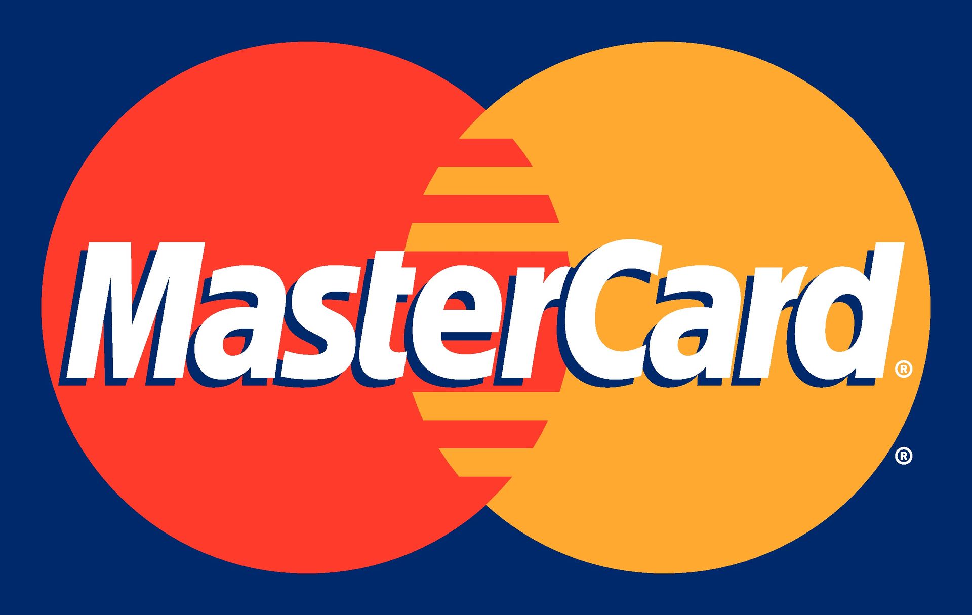 Mastercard logo with overlapping red and orange circles and white text on a blue background