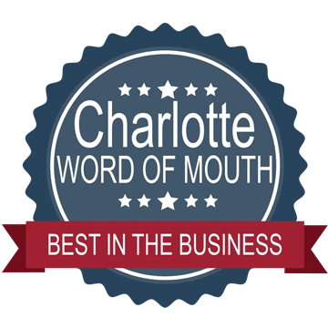 Charlotte Word of Mouth “Best in the Business” blue and red award badge with stars