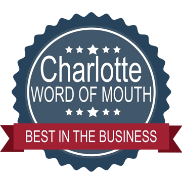 Charlotte Word of Mouth “Best in the Business” badge in blue and red with stars and ribbon banner