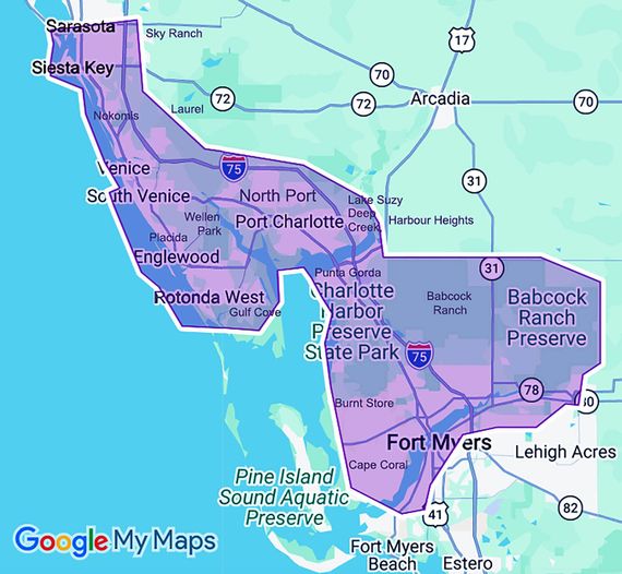 Map of southwest Florida highlighting Sarasota, Charlotte Harbor, and Fort Myers in purple.