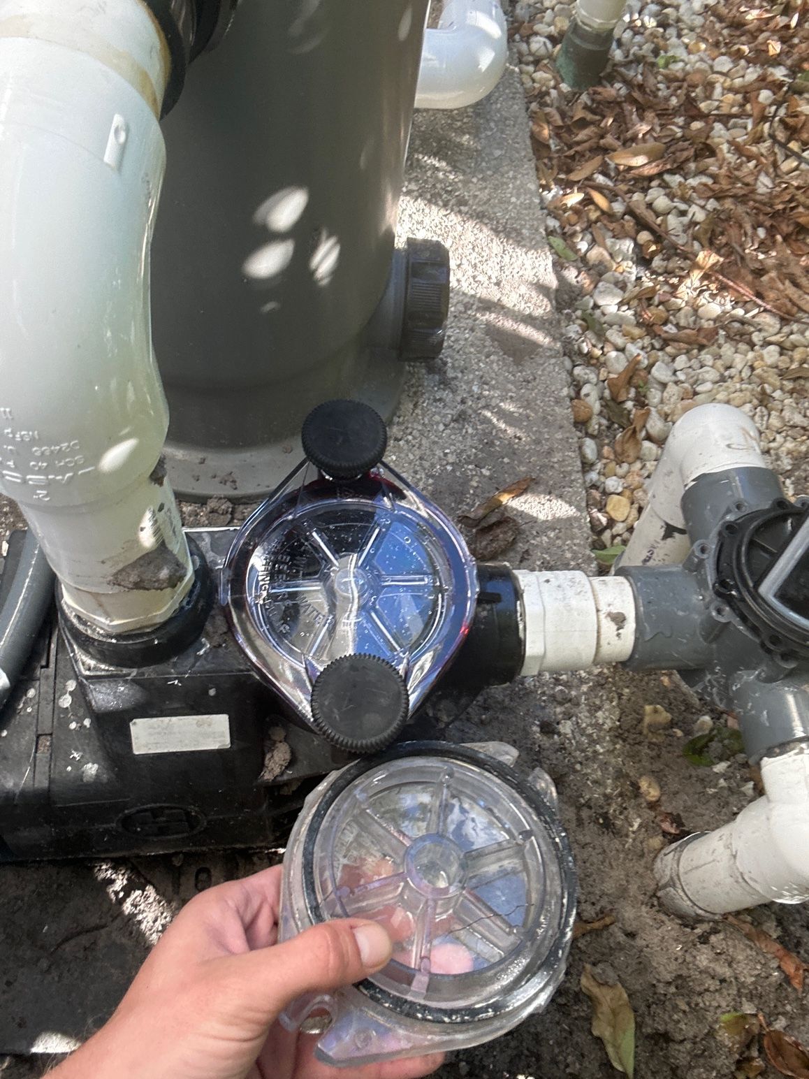 A hand holding a clear, circular pool pump lid near an open pump housing next to pool filtration equipment.