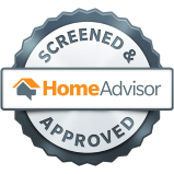 HomeAdvisor “Screened & Approved” badge with gray seal and orange house logo