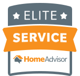 Elite Service badge with HomeAdvisor logo in gray, orange, and white