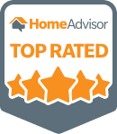 HomeAdvisor Top Rated badge with orange stars on a gray shield-shaped background