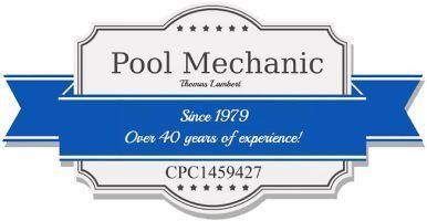 Pool Mechanic logo with blue ribbon, gray frame, and text “Since 1979” and “CPC1459427”