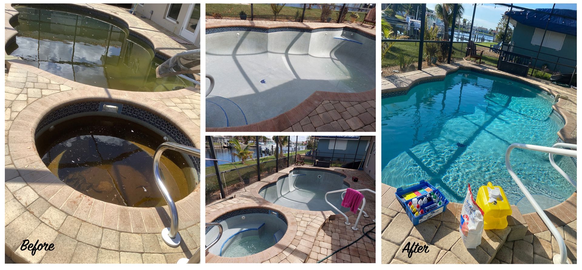 Before and after images of the swimming pool project