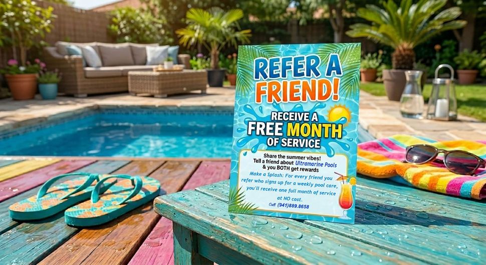 Poolside ad sign reading “Refer a Friend! Receive Free Month of Service” by a backyard pool with flip-flops and towels