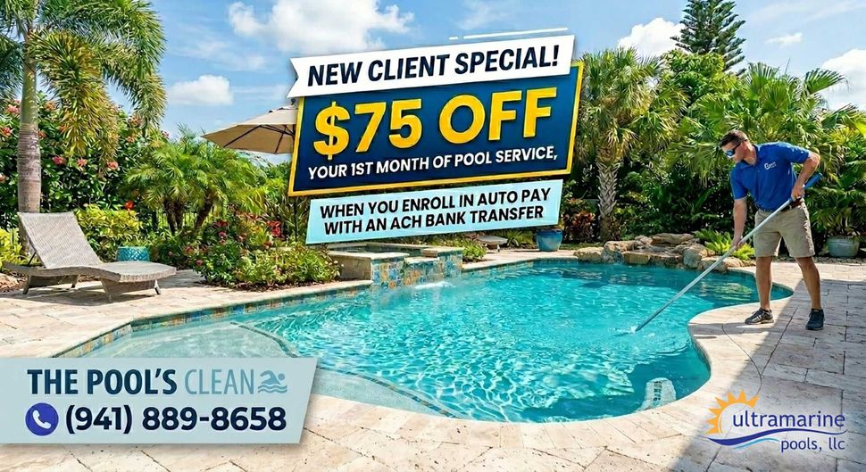 Pool cleaning ad with blue pool, “$75 off” sign, and a technician cleaning by the water