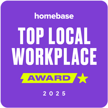 Homebase Top Local Workplace Award 2025 badge, purple background with white and yellow text