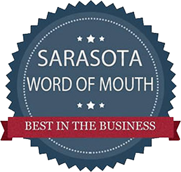 Sarasota Word of Mouth “Best in the Business” badge in blue and red with stars and ribbon banner