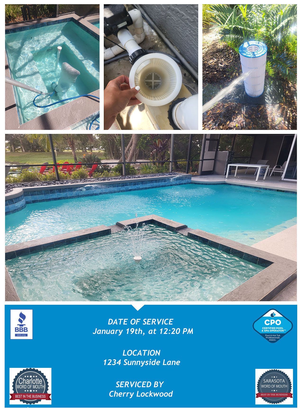 Pool-and-hot-tub collage with blue water and a small event sign listing date, time, and location