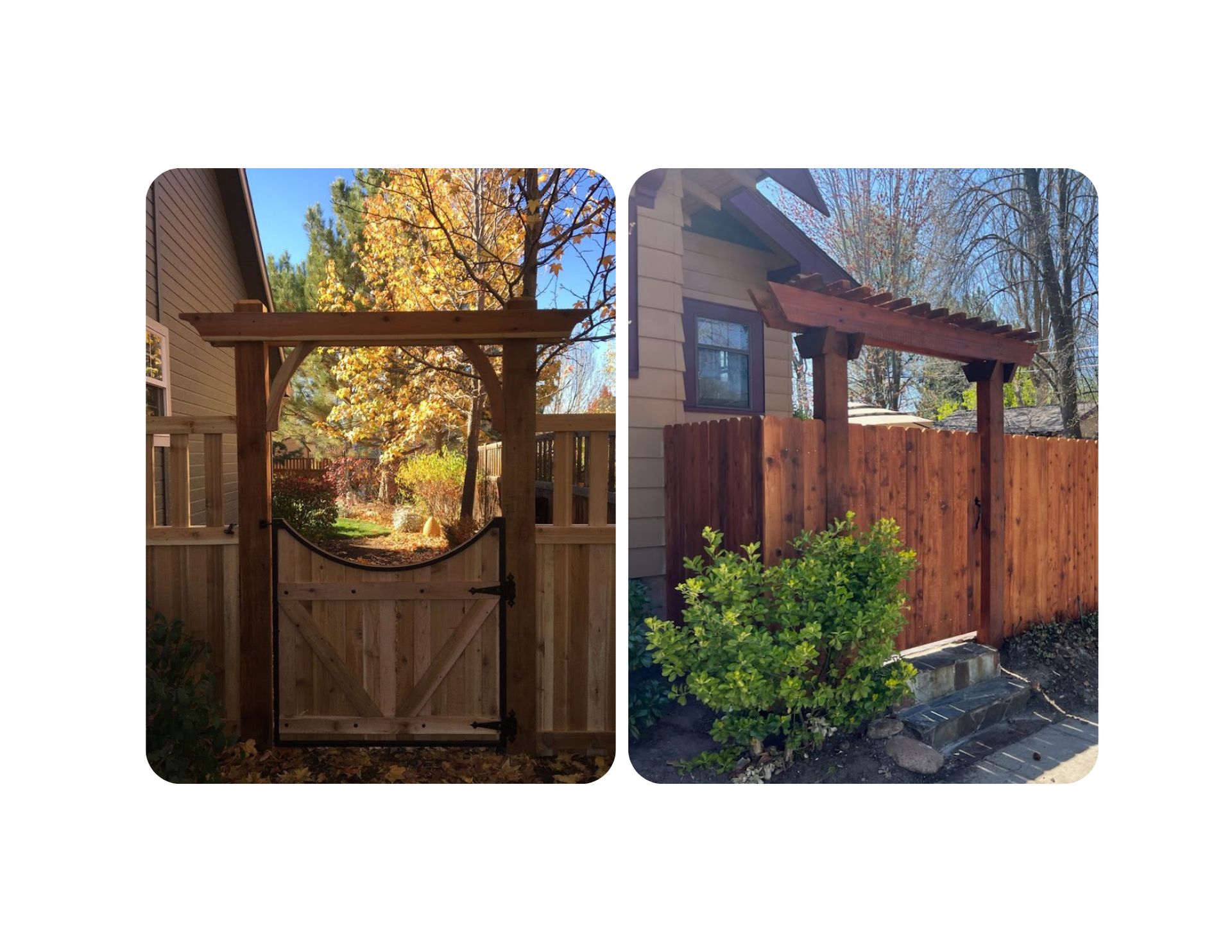 Two wooden gates with decorative arches, set in fences with a garden.