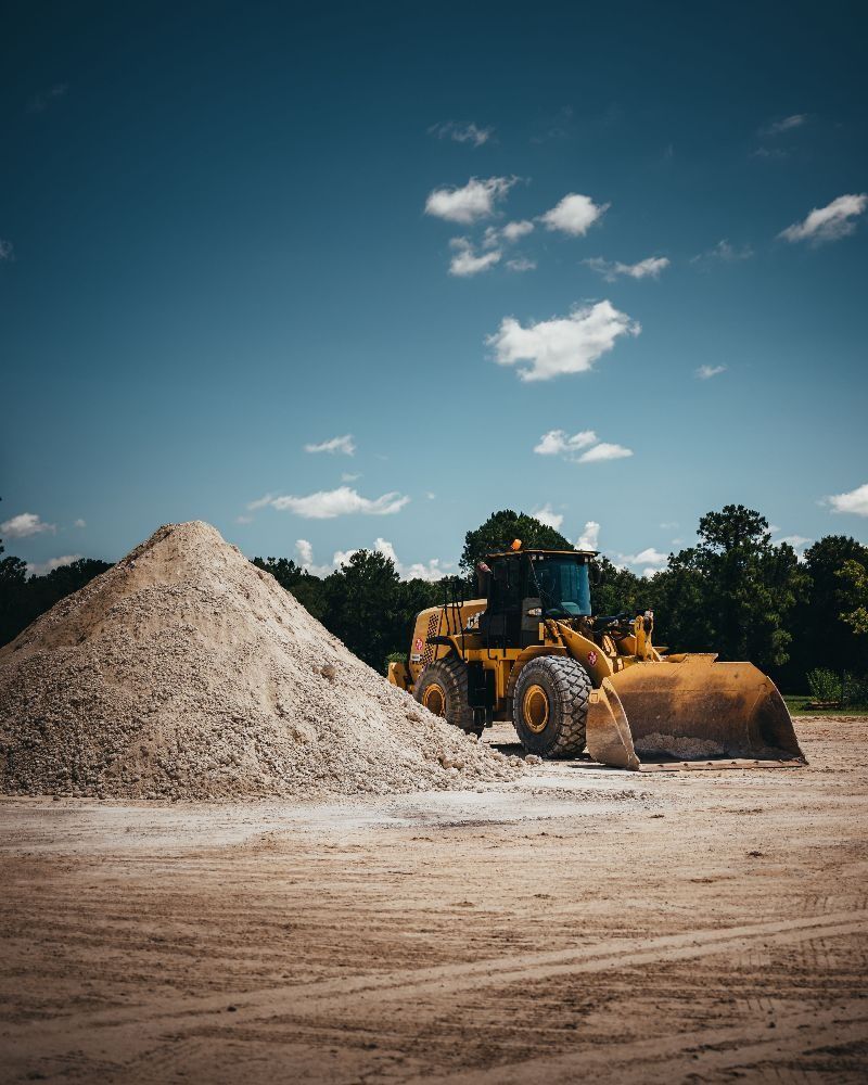 Yellow loader next to a pile of gravel on a dirt surface under a blue sky with clouds.
