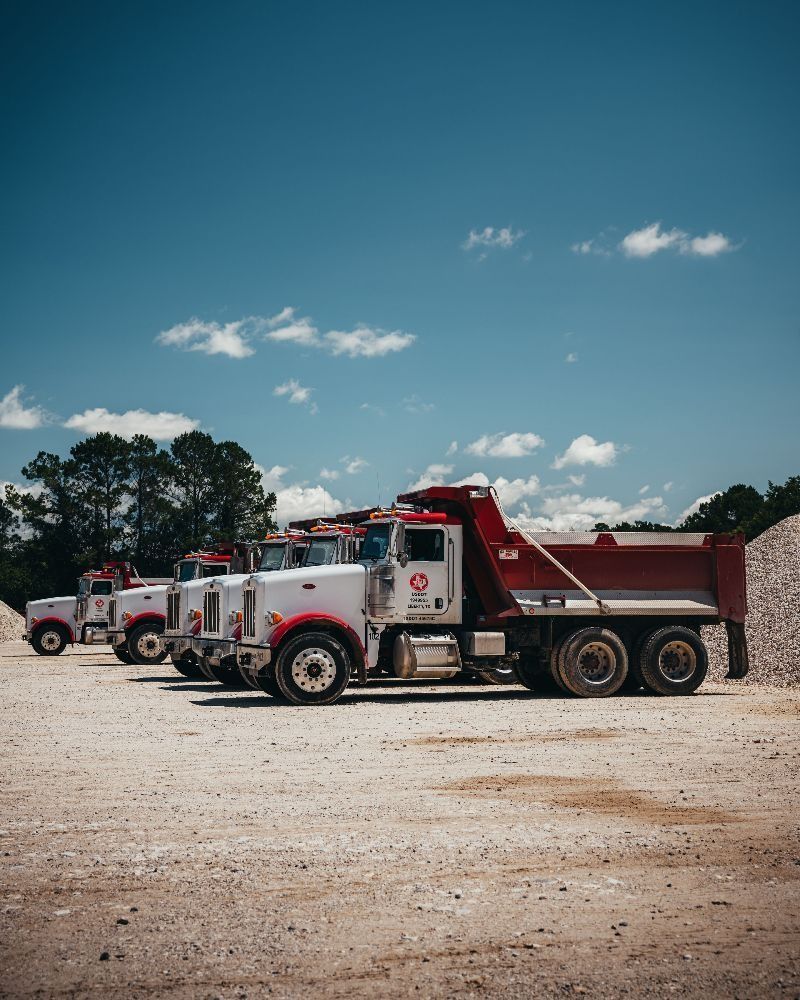 Dump trucks parked on gravel under a blue sky.