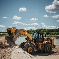 Yellow construction loader digging dirt near water under a blue sky.