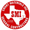 Logo of Smart Materials Inc. General Contractors, red circle with a white Texas outline and "SMI" inside.