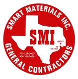 Red circular logo: Texas outline with "SMI" inside. "Smart Materials Inc. General Contractors" surrounds. Phone numbers listed.
