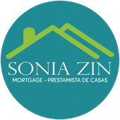 Teal circular Sonia Zin mortgage logo with green roof line and white text, &ldquo;Mortgage - Prestamista de Casas&rdquo;