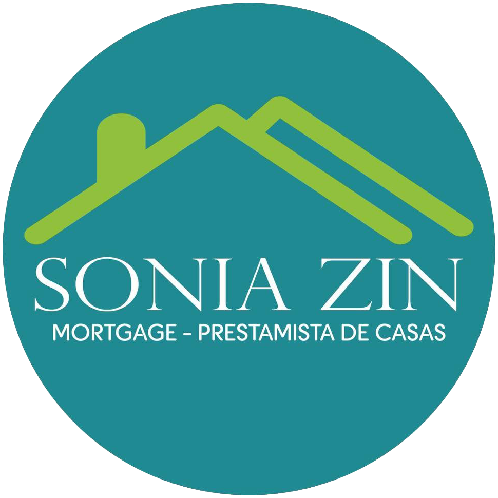 Teal circular Sonia Zin mortgage logo with green roof line and white text, &ldquo;Mortgage - Prestamista de Casas&rdquo;