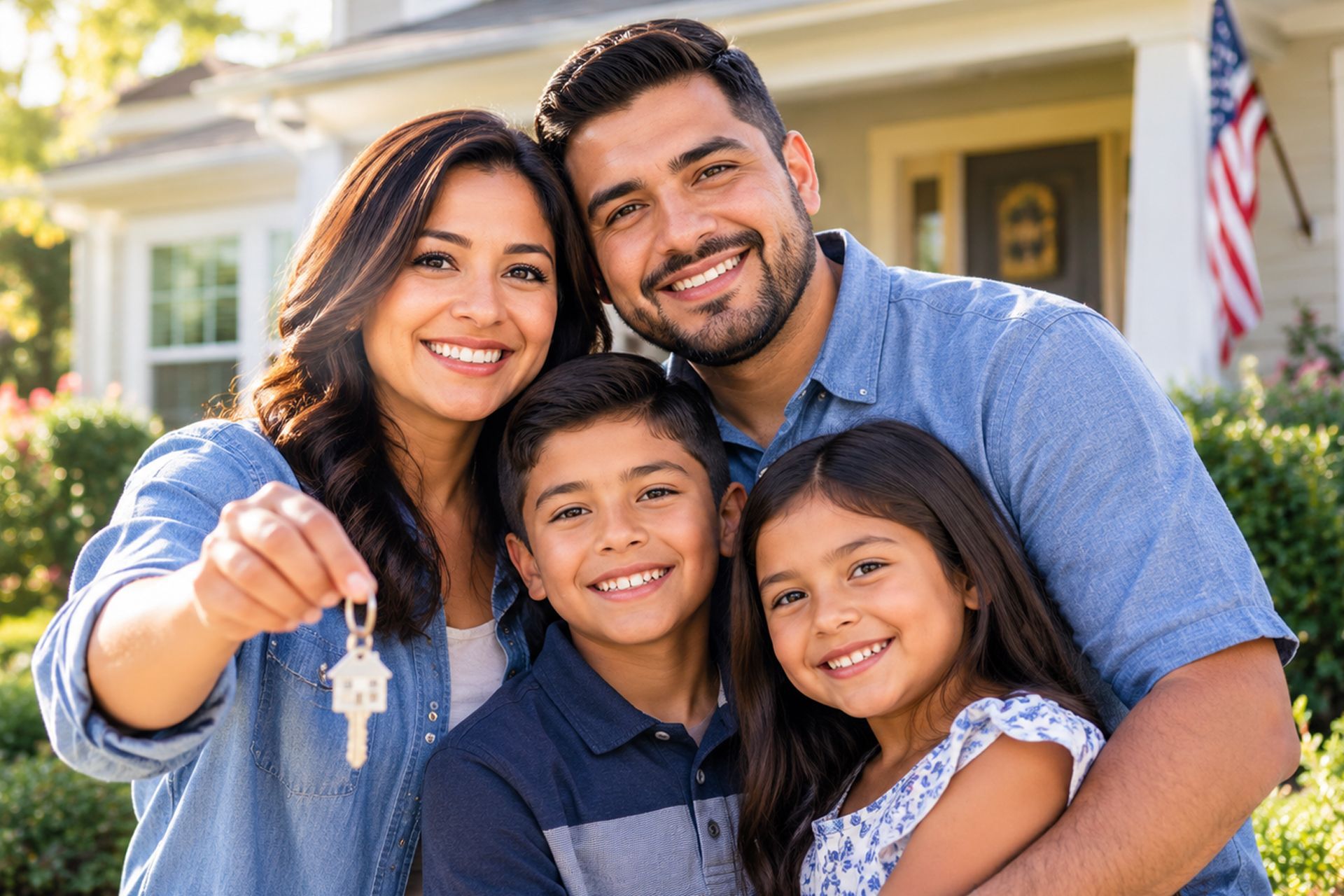Smiling family of four standing together in front of a house, with keys held up in the foreground