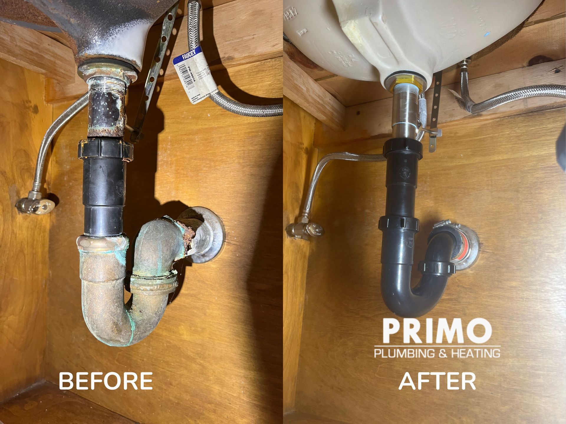 Under-sink plumbing before-and-after: old corroded trap replaced with clean black pipes.