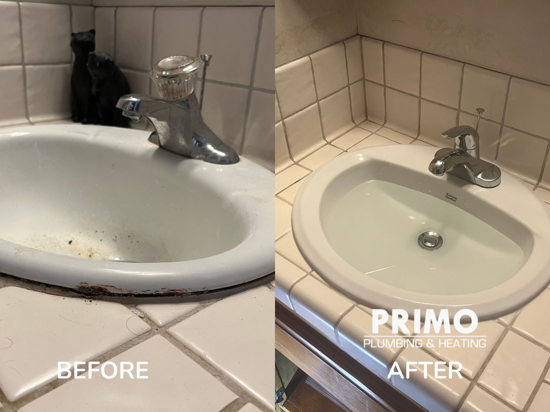 Bathroom sink countertop before-and-after: worn white basin replaced with a cleaner beige sink and faucet.