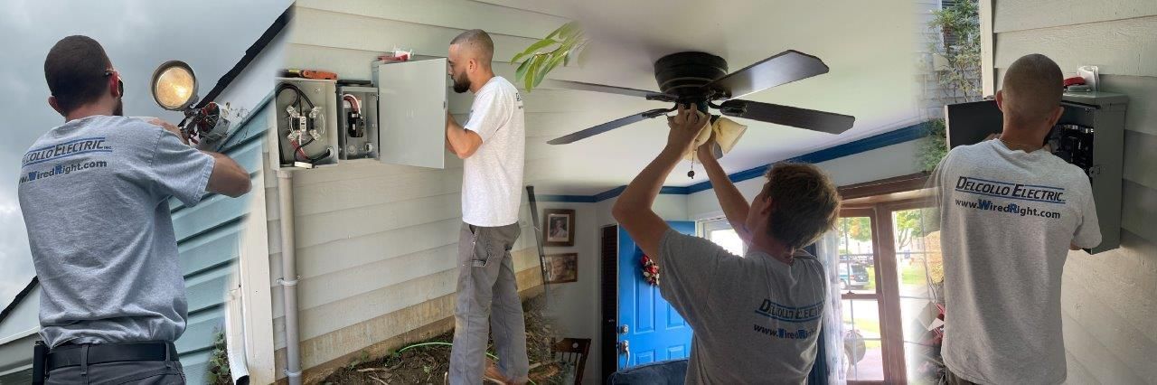 A group of men are working on a ceiling fan in a living room.