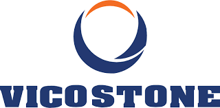 A blue and orange logo for a company called vicostone