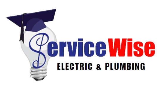 Logo: Lightbulb with graduation cap, "ServiceWise" text, and "Electric & Plumbing".