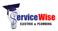 Logo: Lightbulb with graduation cap, "ServiceWise" text, and "Electric & Plumbing".