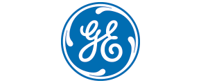 A blue and white ge logo on a white background