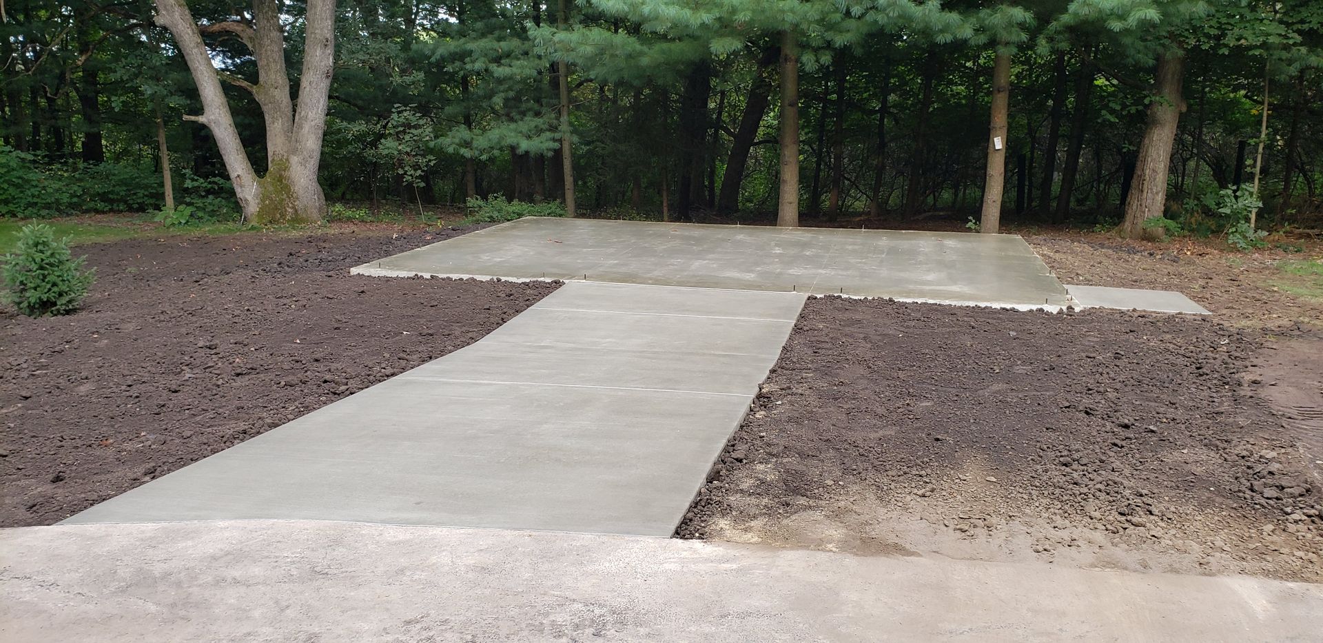 A concrete walkway in a yard with trees in the background