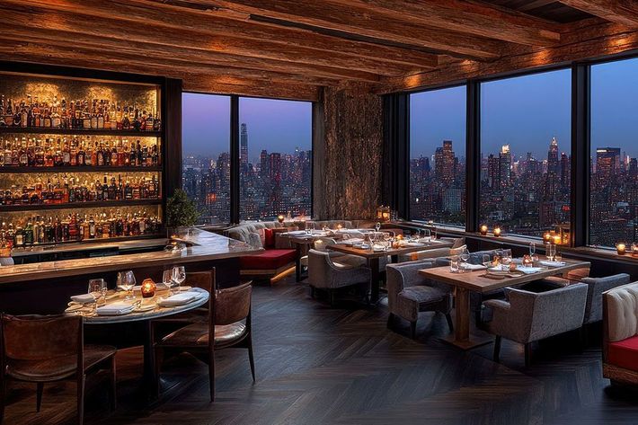 Upscale restaurant with city view, bar in background, tables set, dark wood interior.