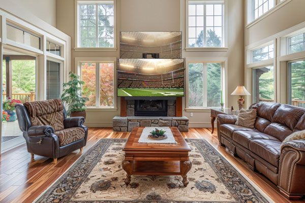 Living room with fireplace, large windows, leather furniture, and a coffee table.