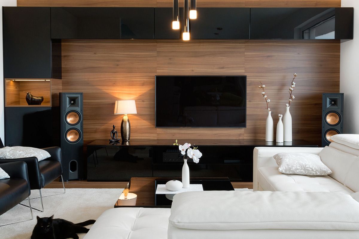 A living room with a couch, television, speakers, and a cat.