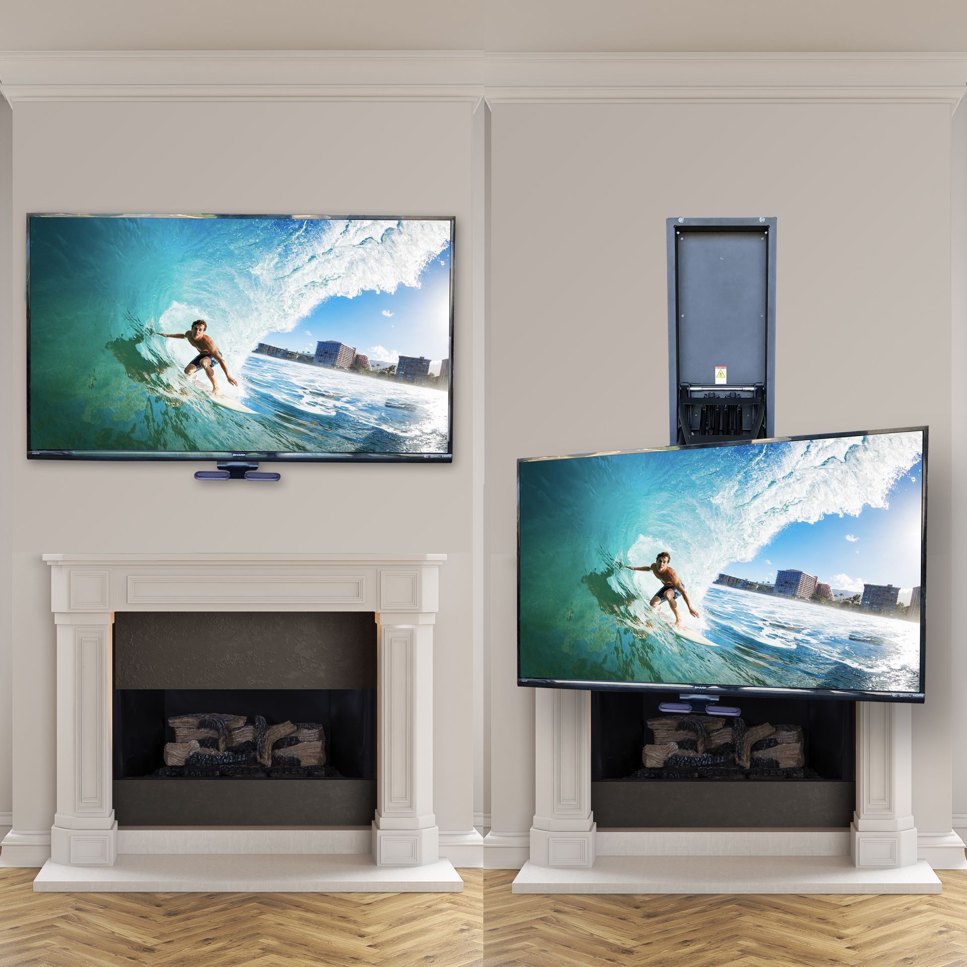 TV rising from fireplace mantel, showcasing a surfer.