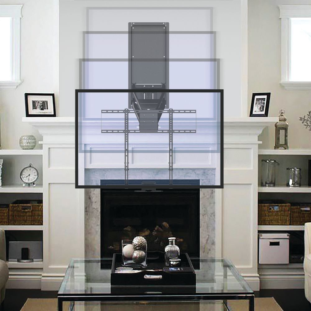 TV mounted above fireplace, shown in multiple heights on a lift. Living room setting with white fireplace.