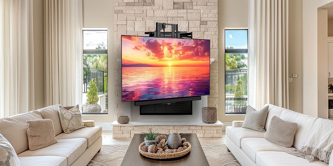 Living room with white couches, stone fireplace, and a large TV screen displaying a sunset scene.