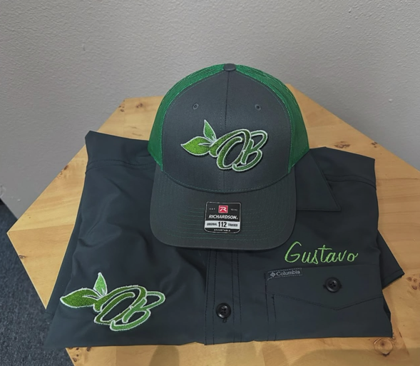 Dark green hat and work shirt with 