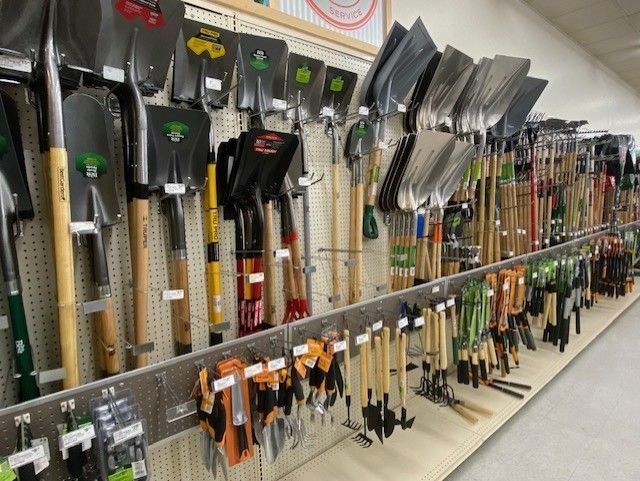 A row of shovels hanging on a wall in a store.