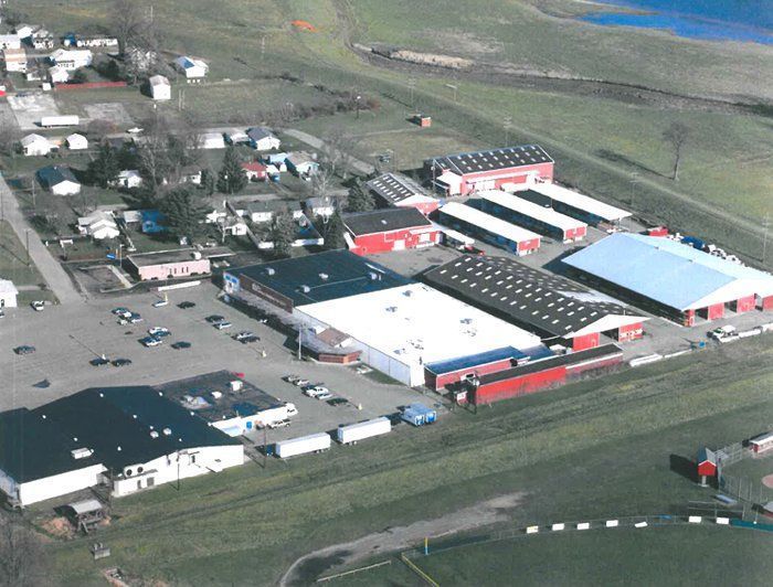 An aerial view of a small town with lots of buildings