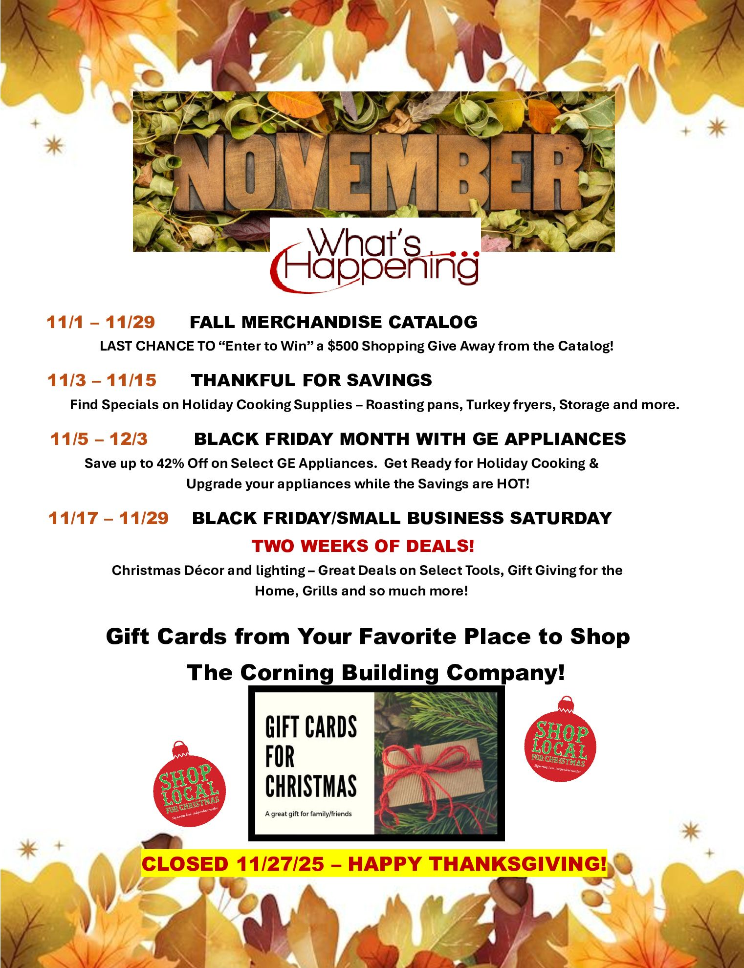 November events flyer for Corning Building Company: Catalog, Black Friday deals, gift card promotion.