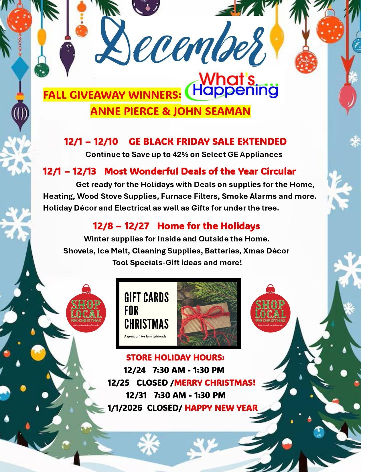 December events flyer with holiday deals, gift card promotion, and holiday store hours.