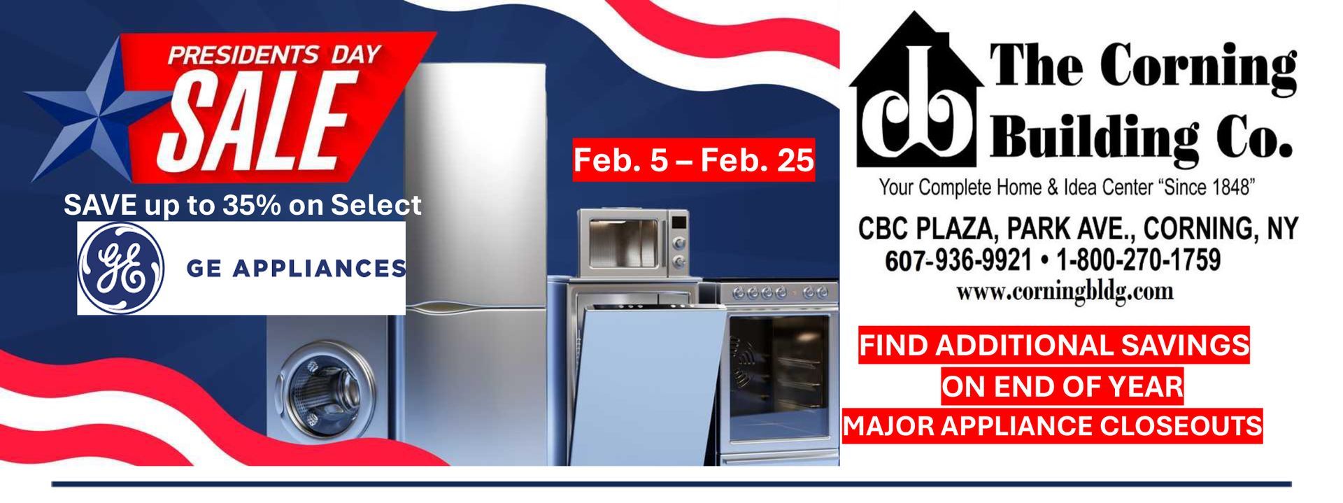 Presidents Day sale ad with appliances and GE logo. Includes dates, location, and savings.