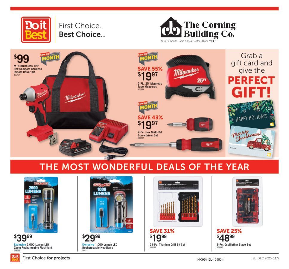 Ad for tools, featuring power tools, gift card promotion, and holiday theme.