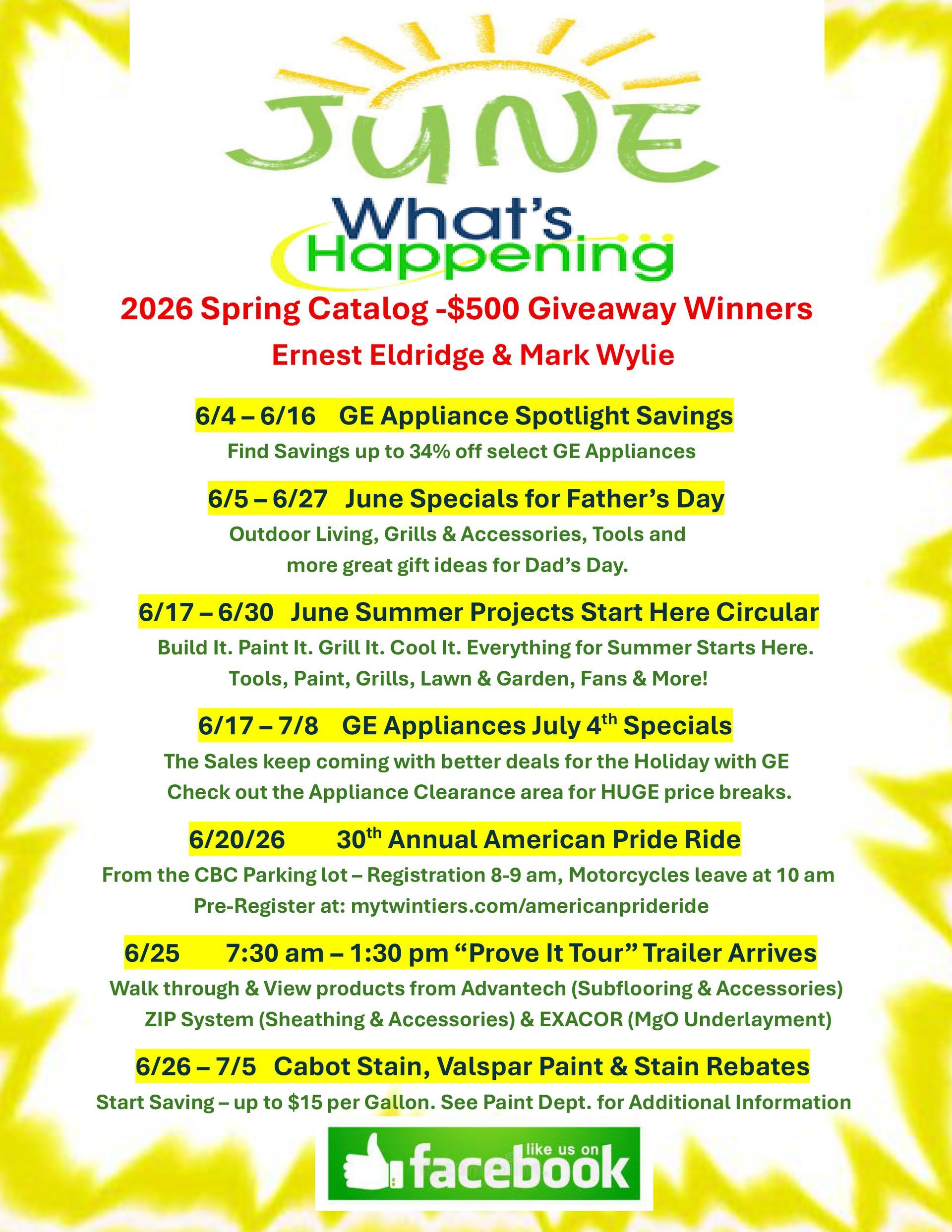 Colorful flyer listing June events at What’s Happening, with dates, times, and a Facebook logo.