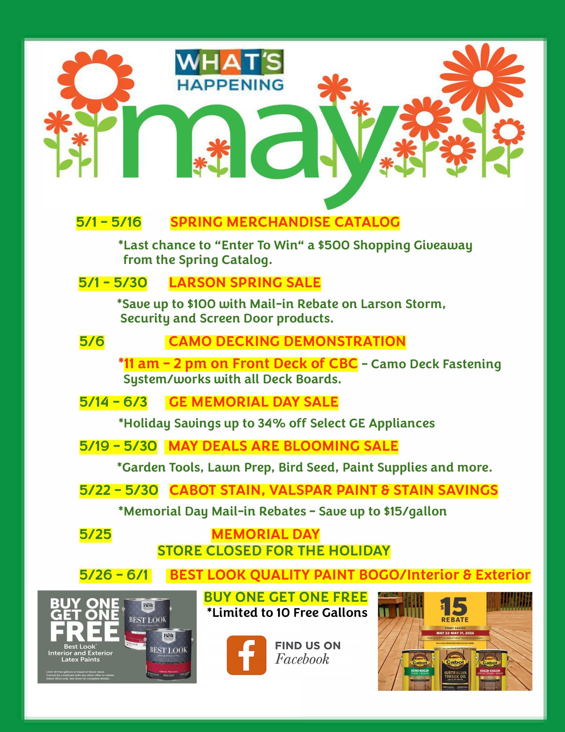 May event flyer with green “May” title, flower graphics, and a list of weekly community activities.