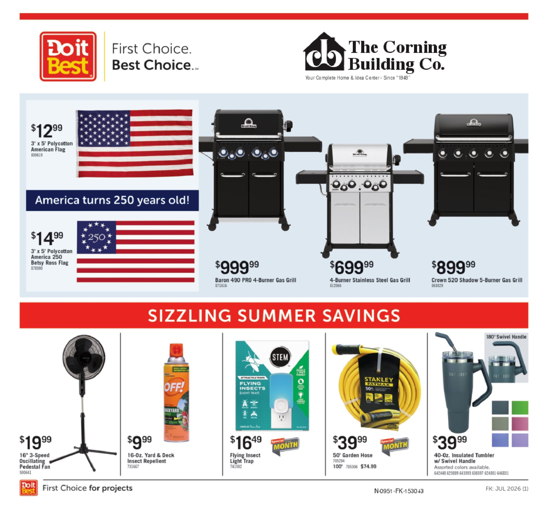 Summer sale flyer with grills, charcoal, smoker, fan, kettle, and cooking supplies on red-and-white ad layout