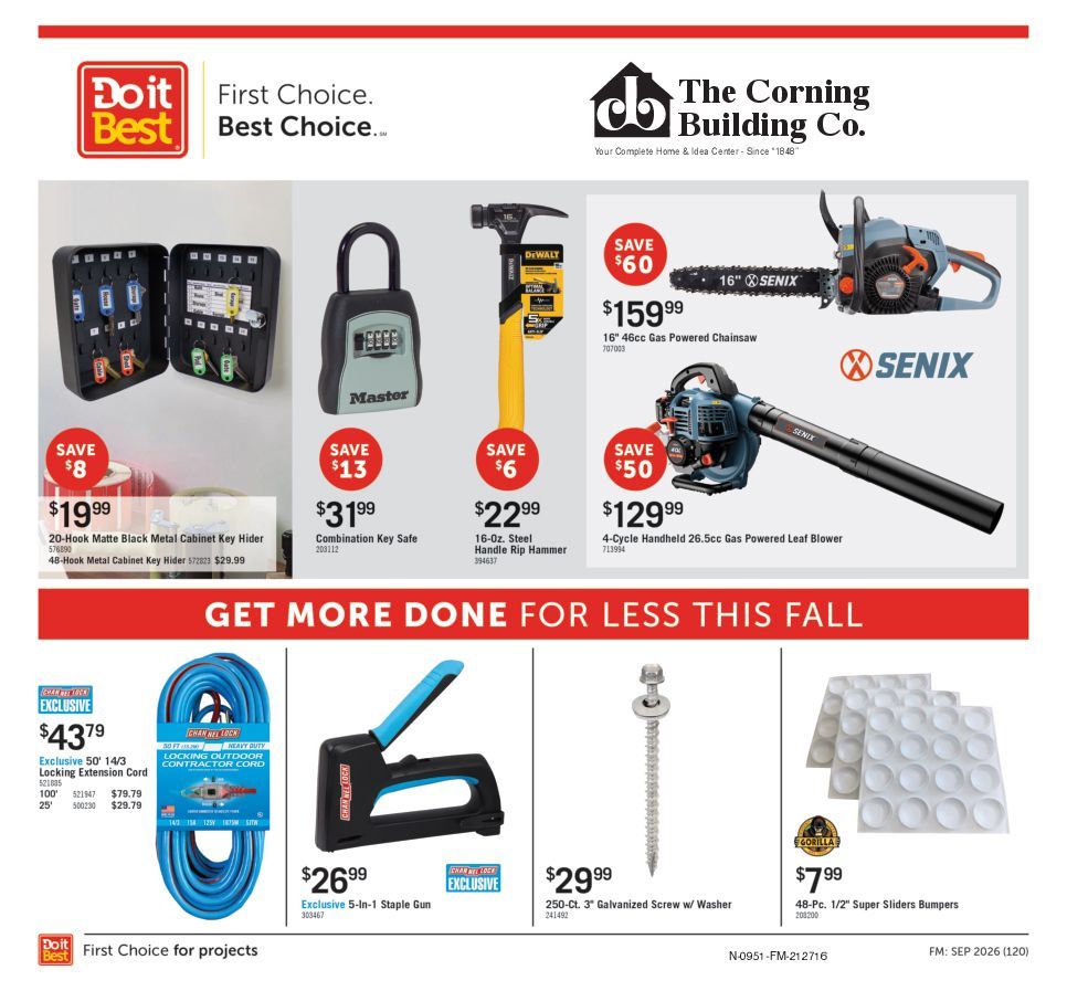 Home improvement sale flyer with tools, chargers, and lighting on white background, “Get more done for less this fall.”