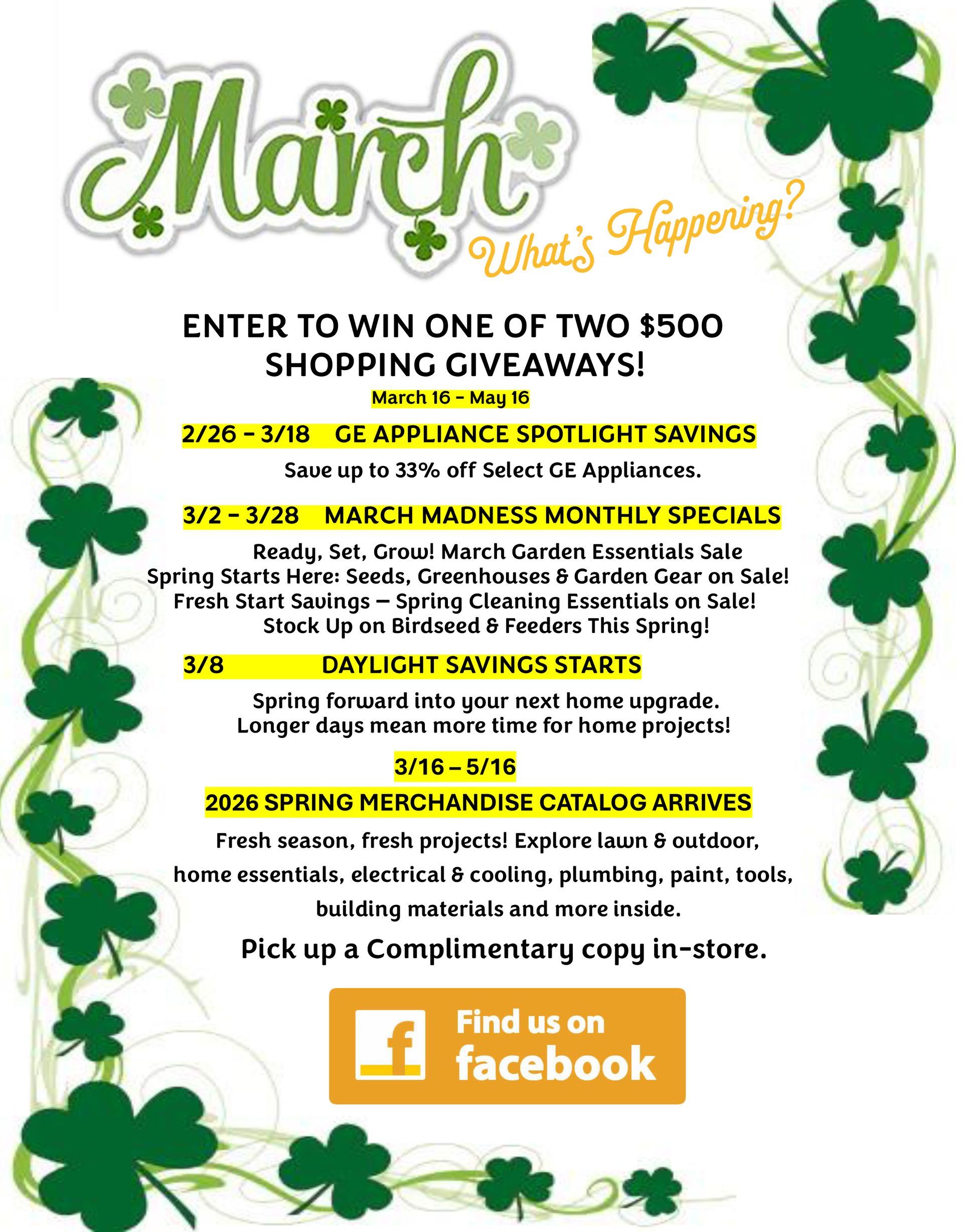 March promotional flyer with green shamrocks and text promoting giveaways, appliance savings, and catalog arrival.